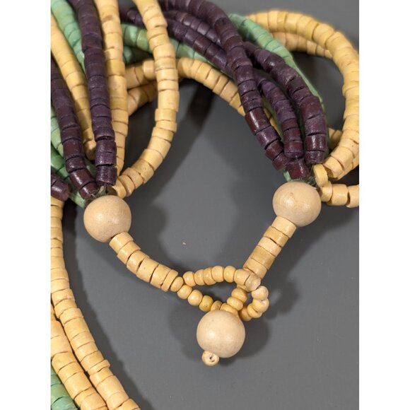 Tribal Yellow Green Brown Stacked Wood Bead Mulit Strand Long Necklace 28" - Picture 6 of 8